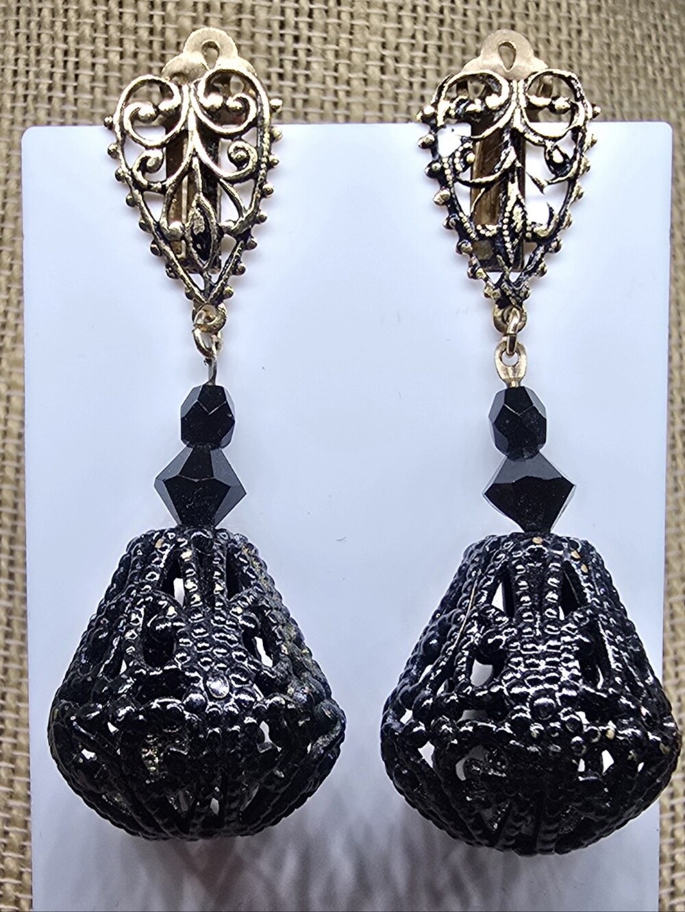 LEWIS SEGAL Signed Black Goldtone Victorian Revival Dangle Clip Earrings Filigre
